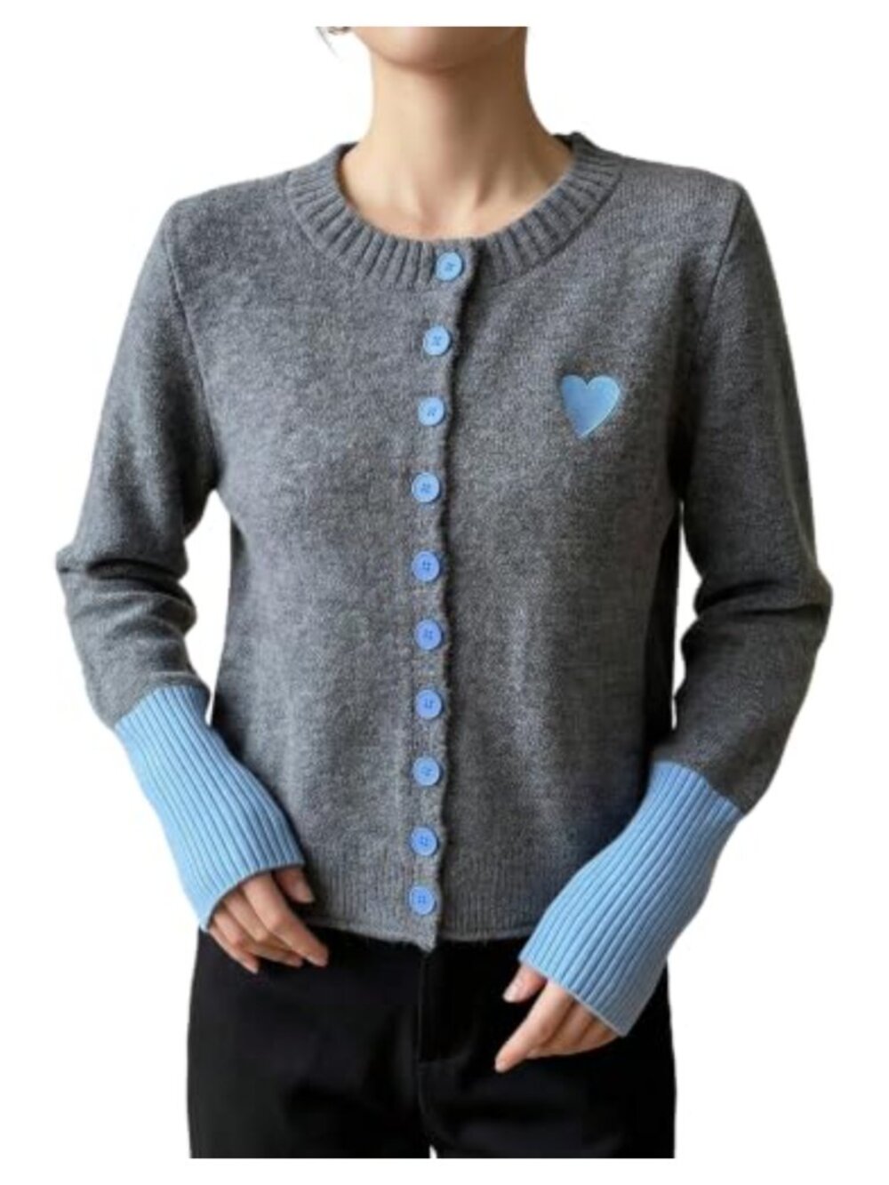 Heart Embroidery Button Cardigan Crew Neck Long Sleeve Knit Sweater Top